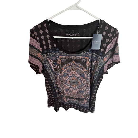 Lucky Brand Tee Size 1X NWT $40 BOHO Print Black Scoop Neck Shirt - Picture 6 of 8